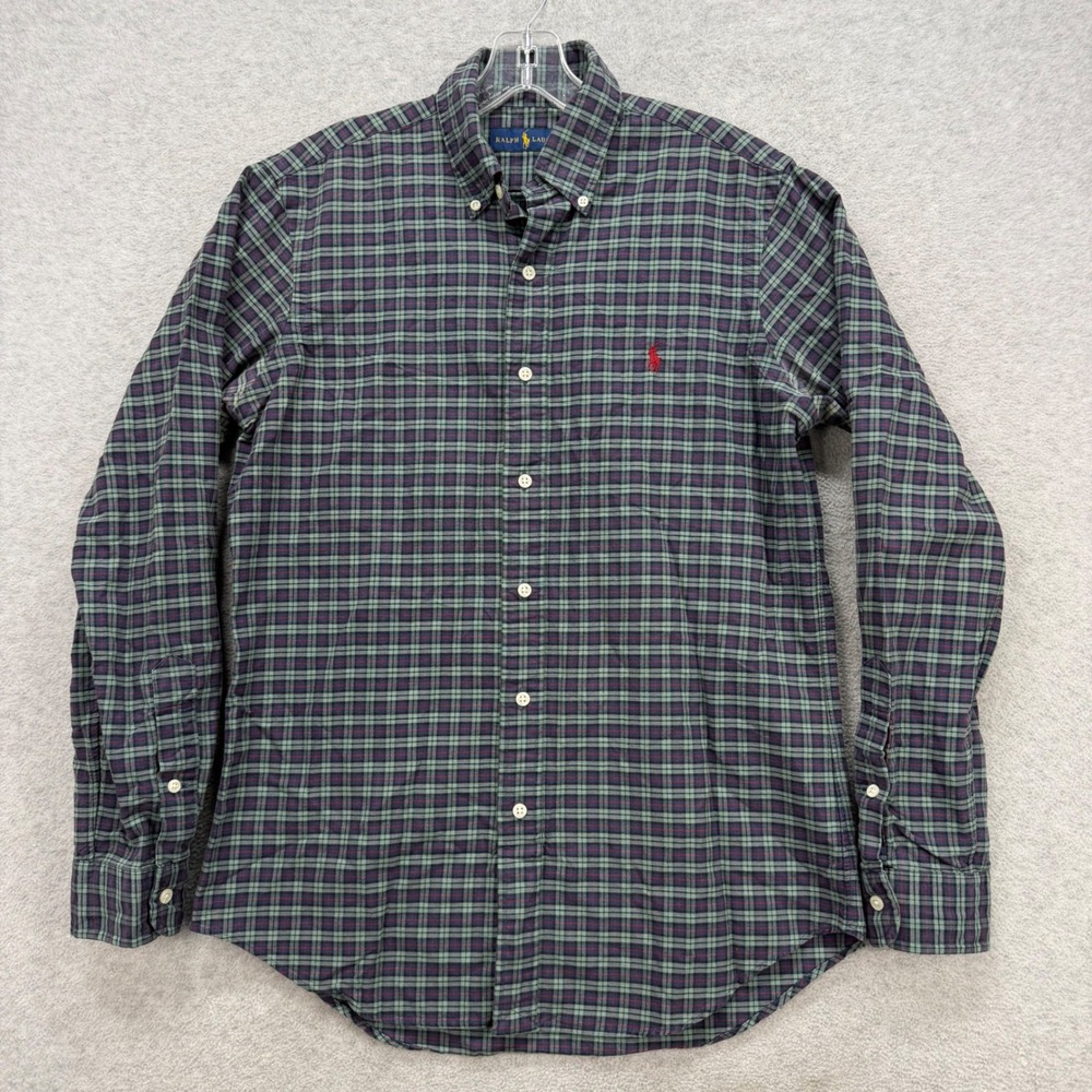 Ralph‎ Lauren Shirt Mens Small Green Navy Red Tartan Plaid Pony Oxford Button Up